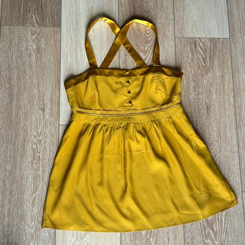 J. Crew Silk Babydoll Y2K Tank Top Gold Size 4‎ Satin Ribbon Strap Cross Back